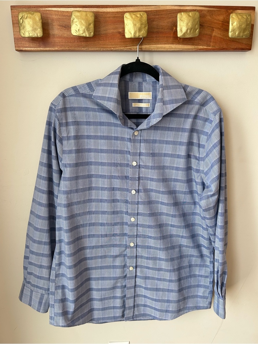 Michael Kors Blue Glen Plaid Non-Iron Dress Shirt 16 32/33 100% Cotton